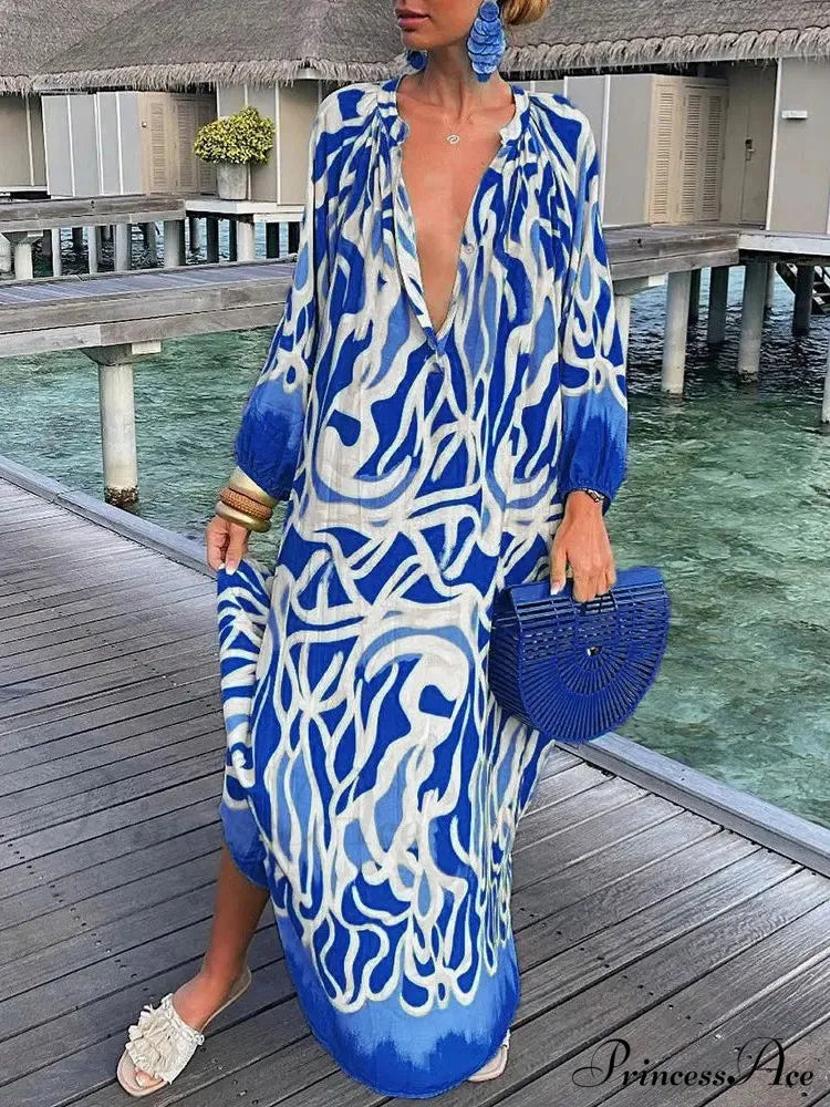 Women Boho Print Long Sleeve Maxi Dress Blue / S