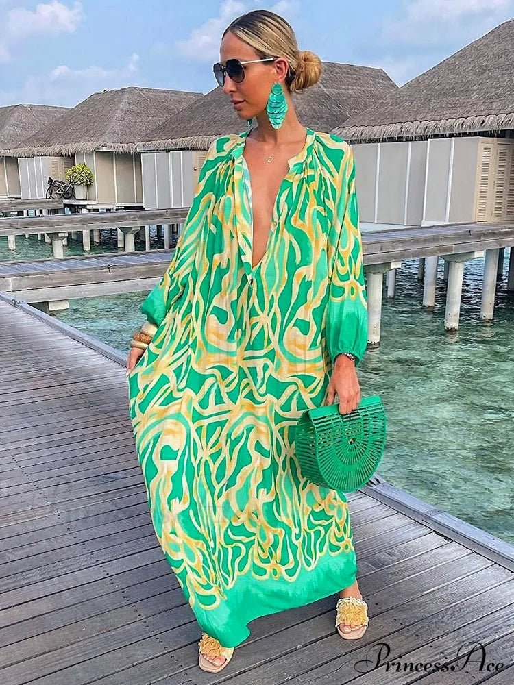 Women Boho Print Long Sleeve Maxi Dress Green / S