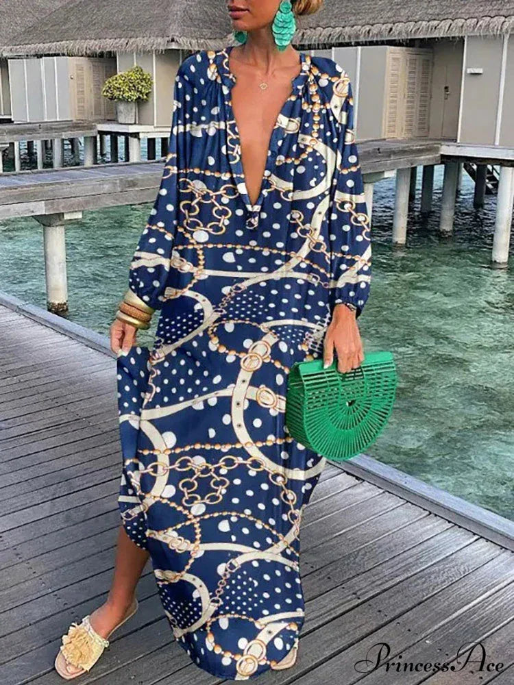 Women Boho Print Long Sleeve Maxi Dress Navy / S