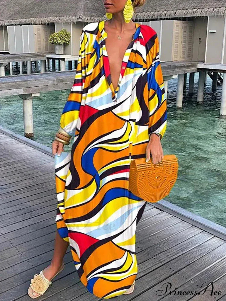 Women Boho Print Long Sleeve Maxi Dress Yellow / S