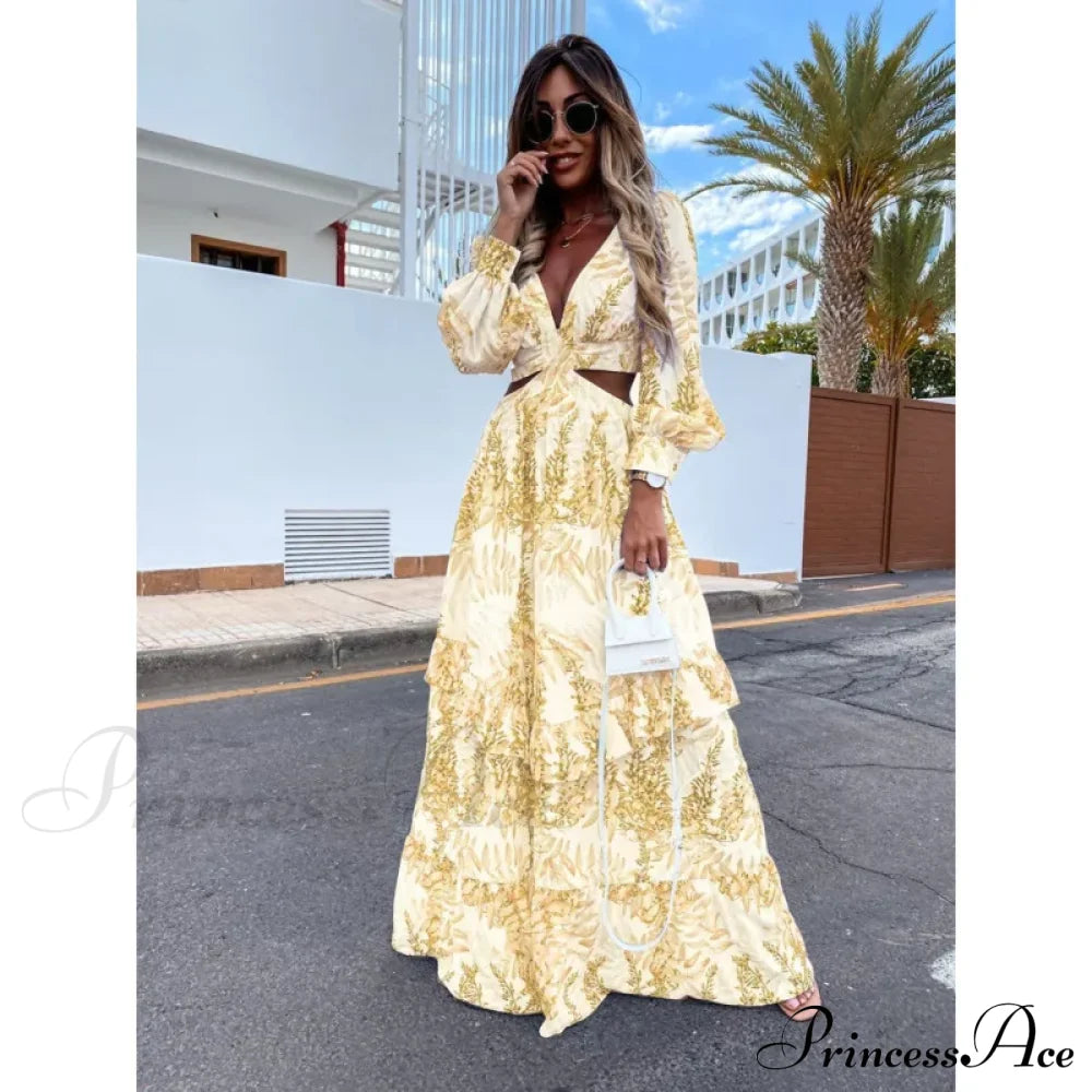 Women Boho Print Long Sleeve Maxi Dress Yellow / S