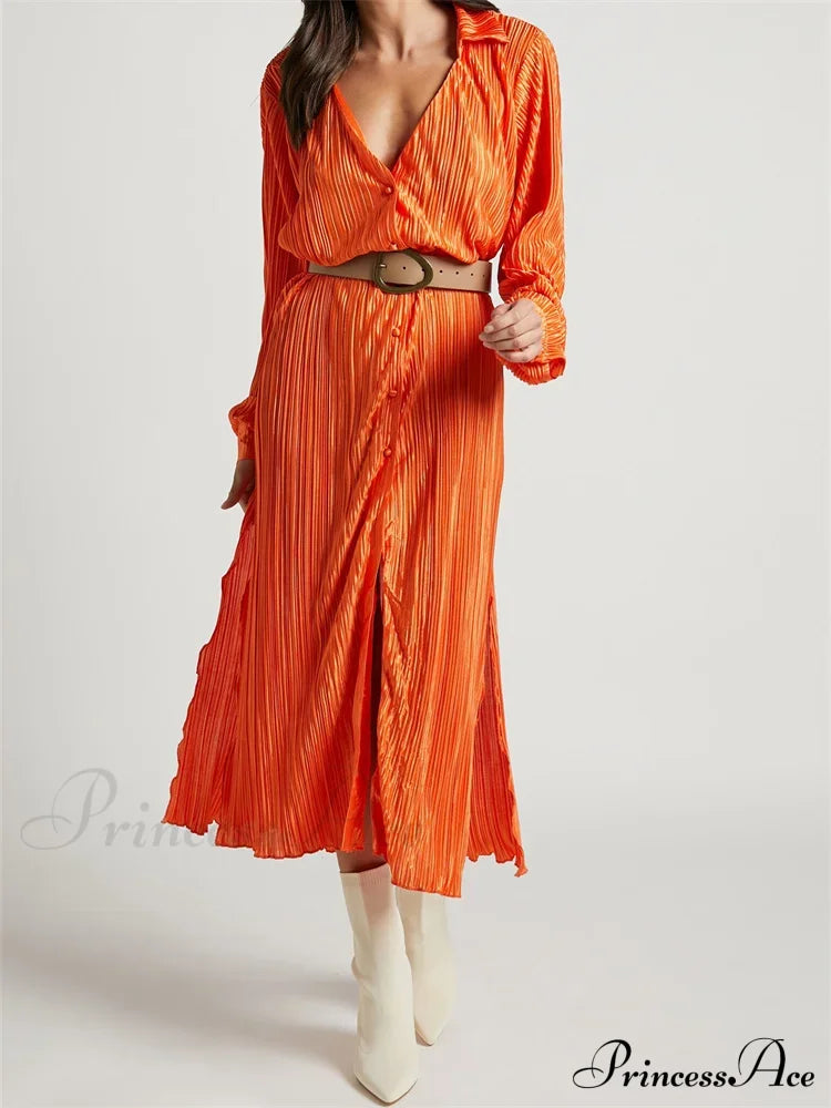 Women Buttons Down Shirt Sleeve Deep V Neck Solid Ruched Side Split Party Female Vestidos Orange / S