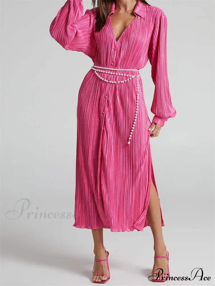 Women Buttons Down Shirt Sleeve Deep V Neck Solid Ruched Side Split Party Female Vestidos Pink / S