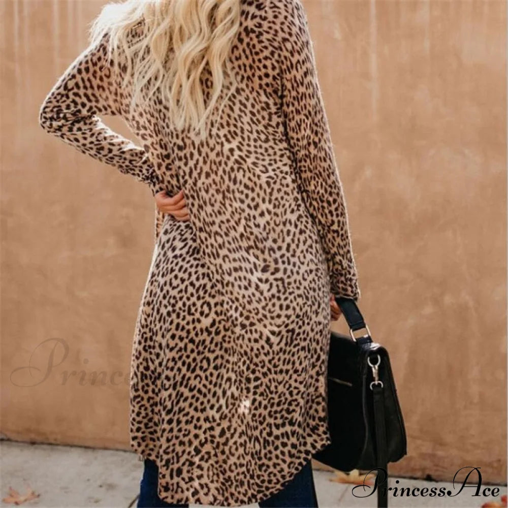 Women Cardigan Long Sleeve Leopard Kimono Shawl Loose Coat