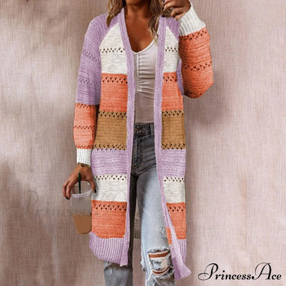 Women Cardigan Striped Comfy Patchwork Polyester Sweater