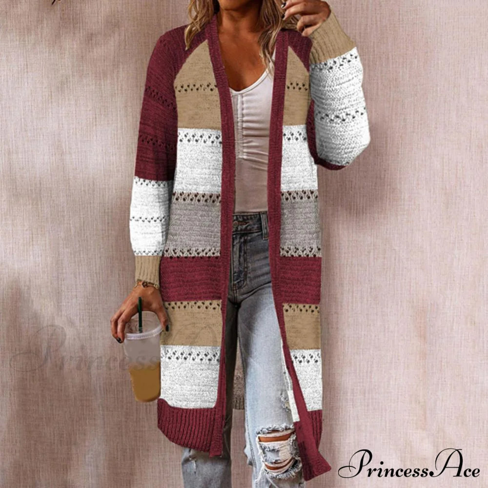 Women Cardigan Striped Comfy Patchwork Polyester Sweater