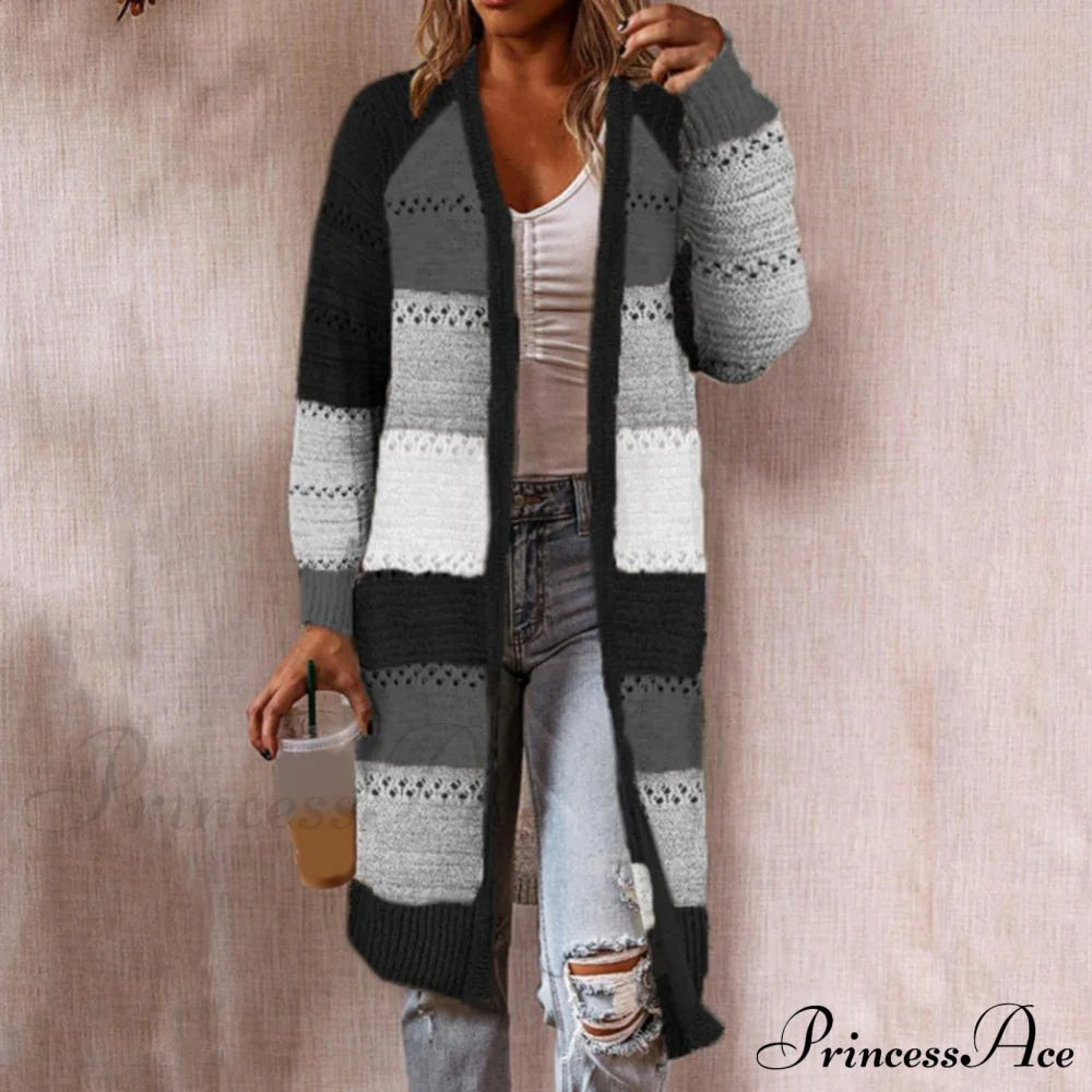 Women Cardigan Striped Comfy Patchwork Polyester Sweater