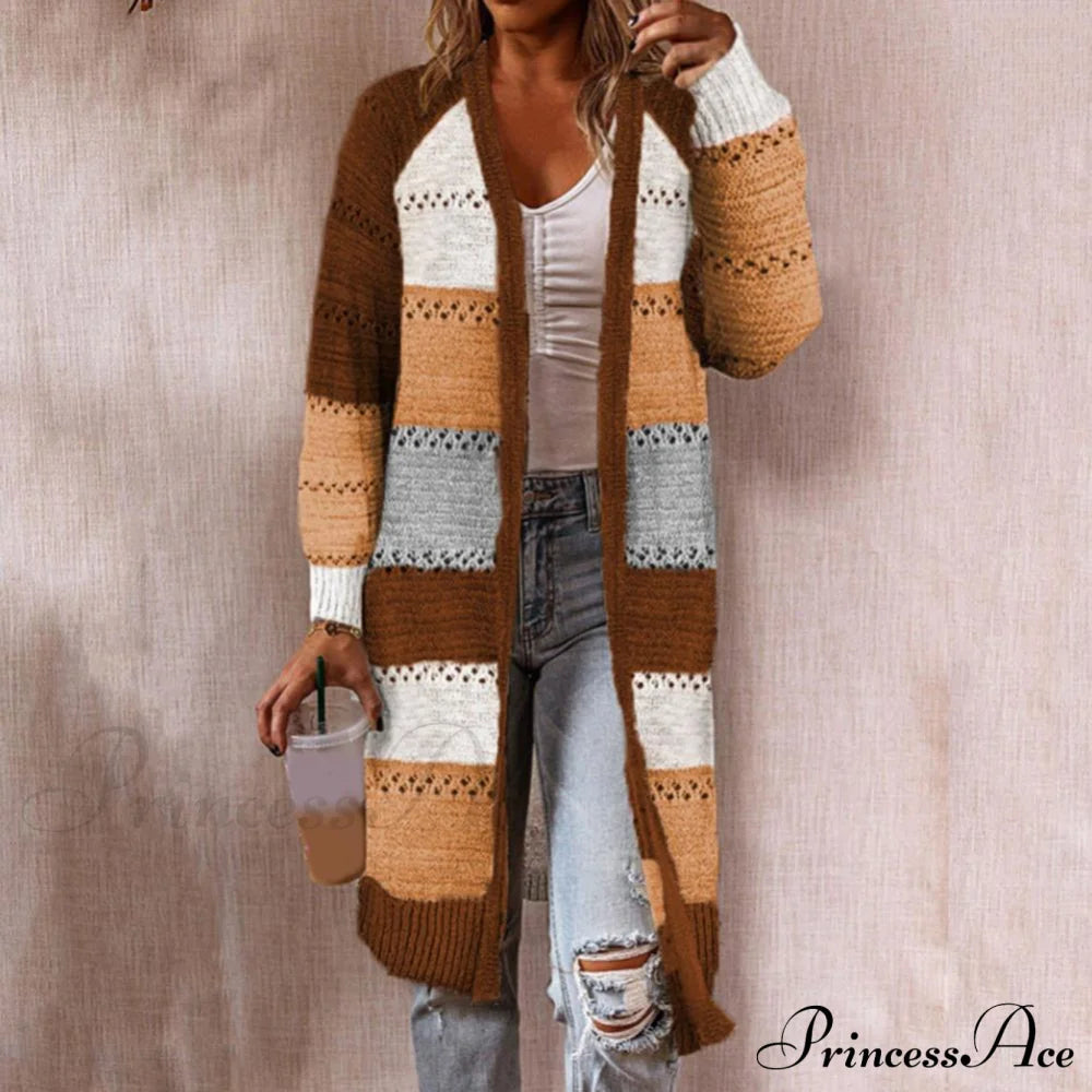 Women Cardigan Striped Comfy Patchwork Polyester Sweater