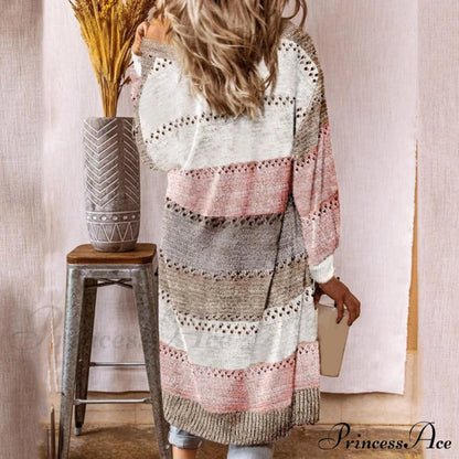 Women Cardigan Striped Comfy Patchwork Polyester Sweater