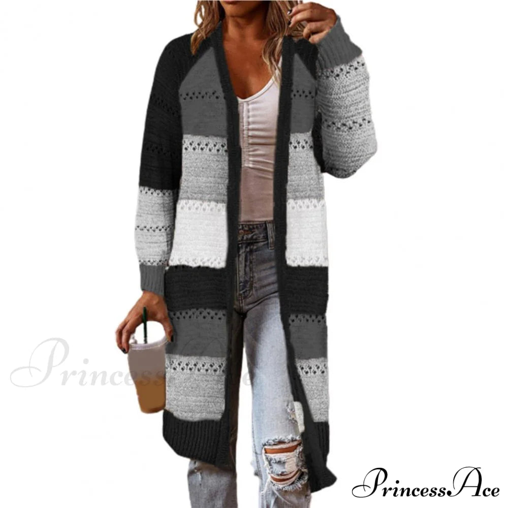 Women Cardigan Striped Comfy Patchwork Polyester Sweater Black / M