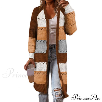 Women Cardigan Striped Comfy Patchwork Polyester Sweater Brown / M