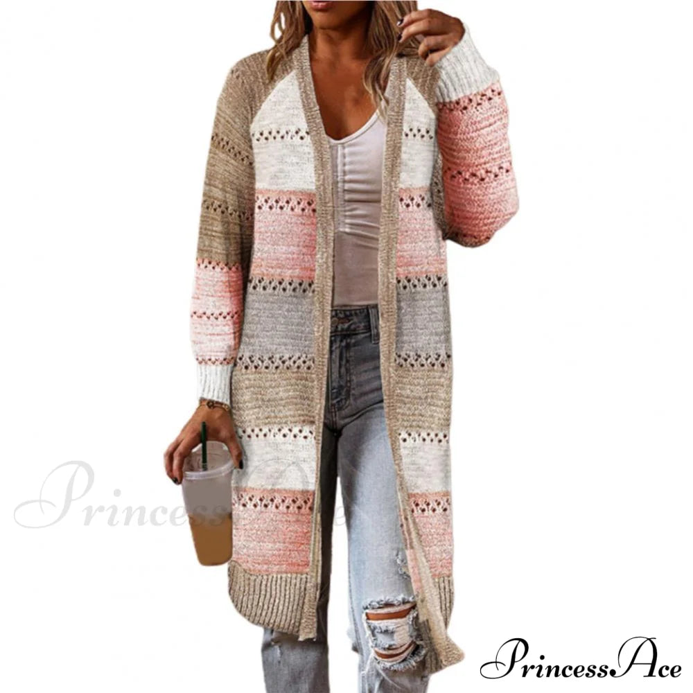 Women Cardigan Striped Comfy Patchwork Polyester Sweater Khaki / M