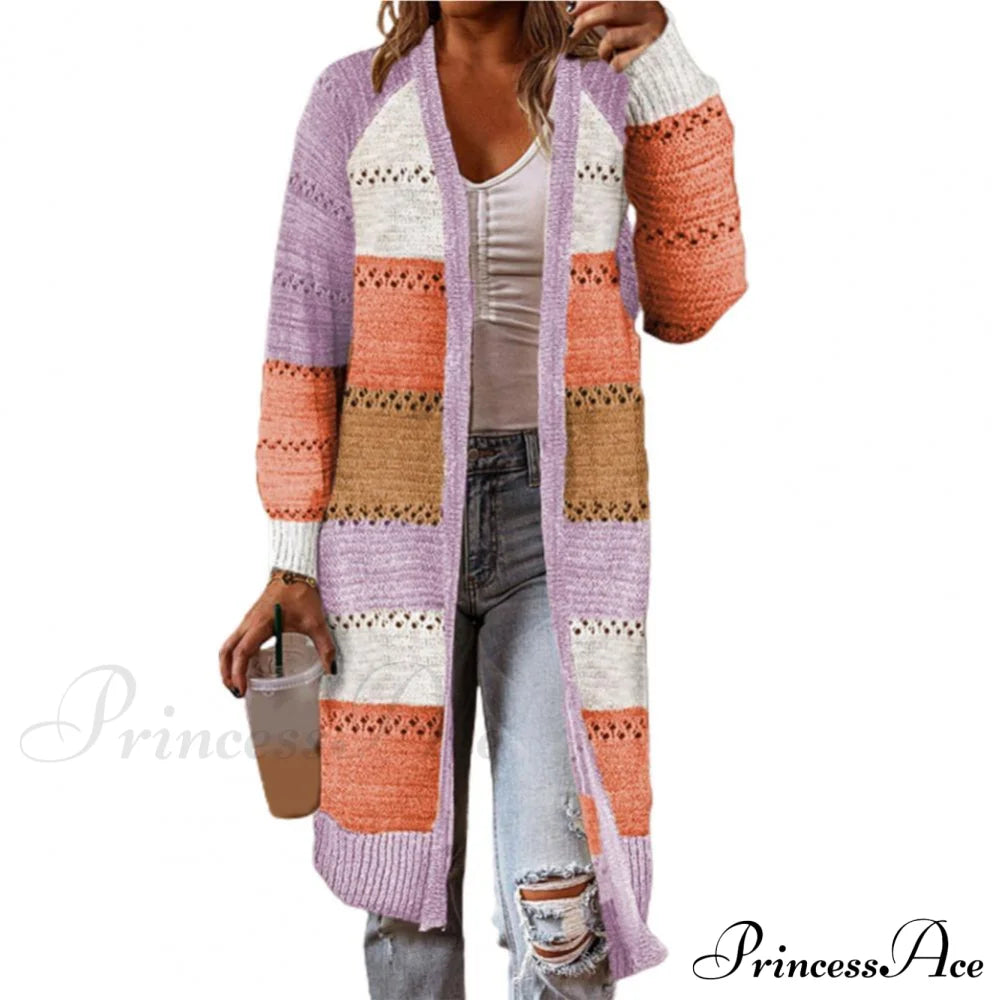 Women Cardigan Striped Comfy Patchwork Polyester Sweater Purple / M