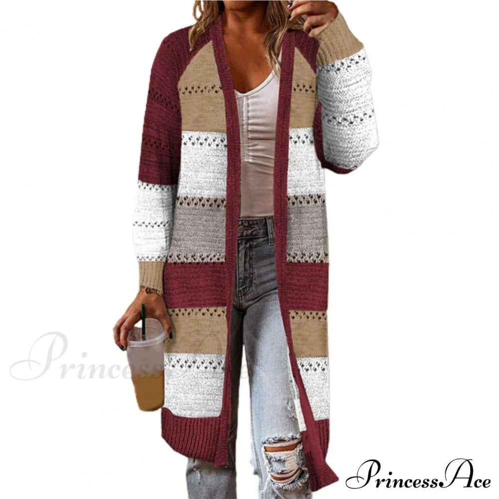 Women Cardigan Striped Comfy Patchwork Polyester Sweater Wine Red / M