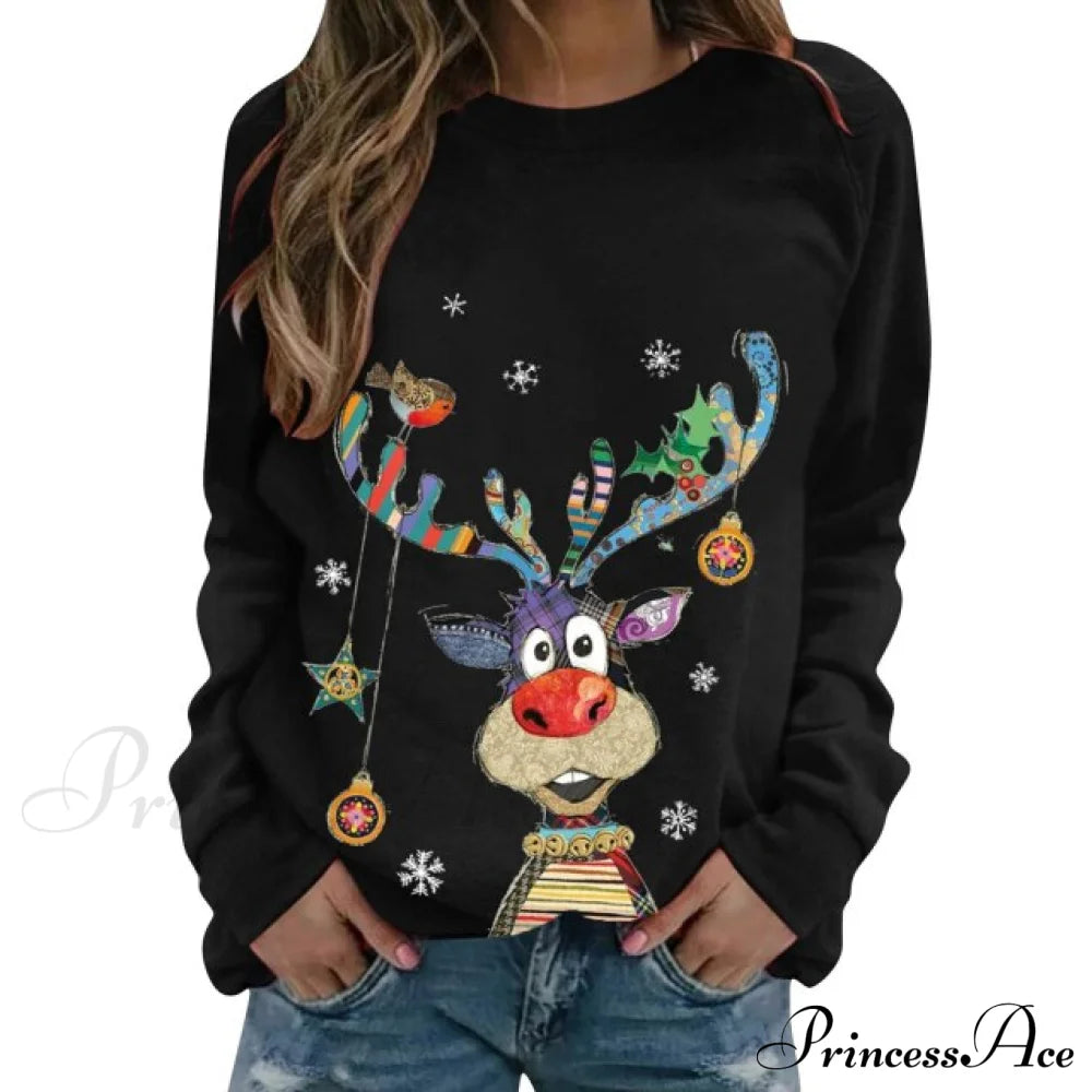 Women Casual Cartoon Print Long Sleeve Sweater Black / S Sweaters-L