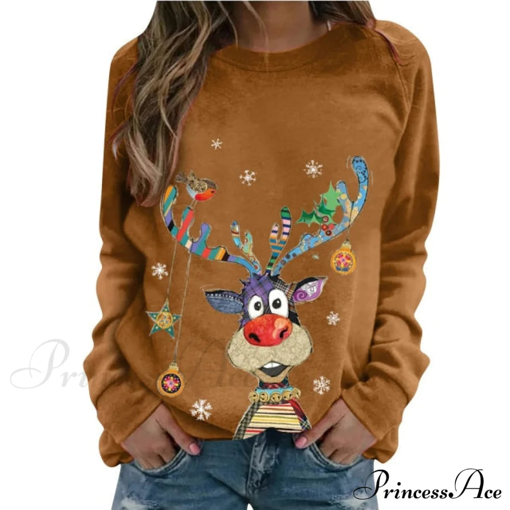 Women Casual Cartoon Print Long Sleeve Sweater Dark Brown / S Sweaters-L