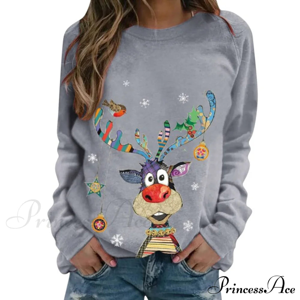 Women Casual Cartoon Print Long Sleeve Sweater Gray / S Sweaters-L