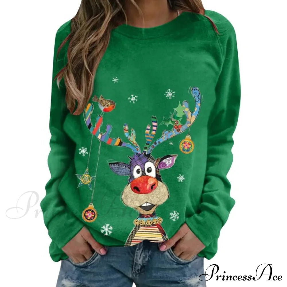 Women Casual Cartoon Print Long Sleeve Sweater Green / S Sweaters-L