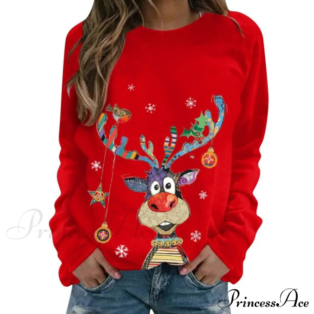 Women Casual Cartoon Print Long Sleeve Sweater Red / S Sweaters-L