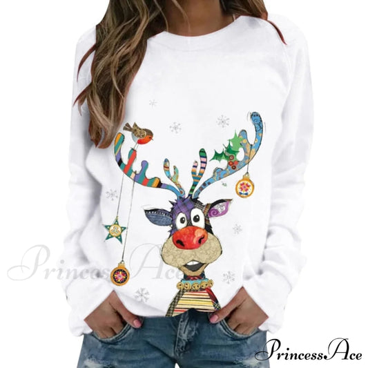 Women Casual Cartoon Print Long Sleeve Sweater White / S Sweaters-L