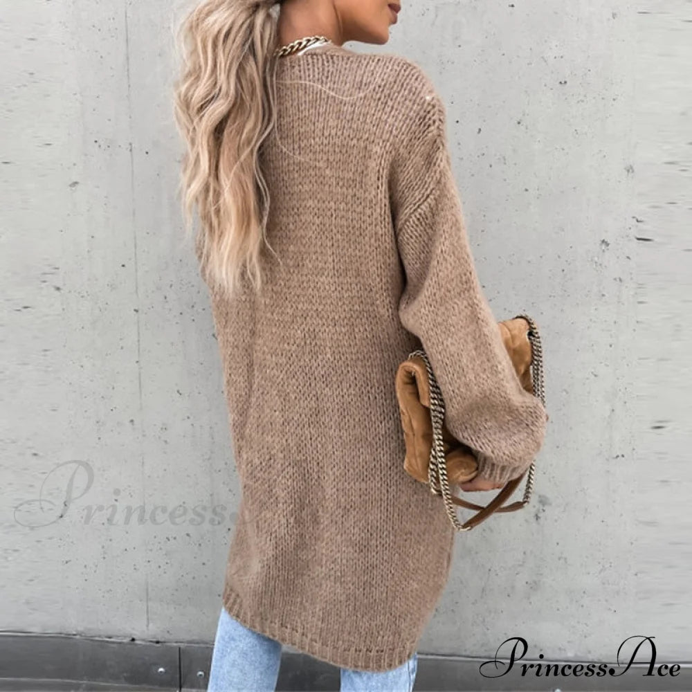 Women Casual Long Sleeve O-Neck Cardigan Solid Loose Knit Coats