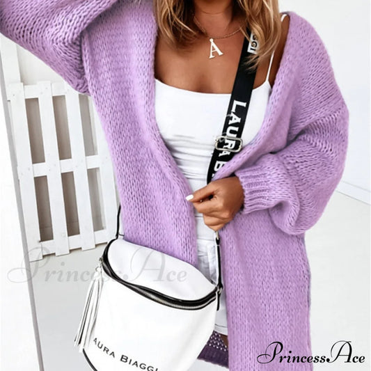 Women Casual Long Sleeve Sweaters Winter Loose Cardigan 08 Purple / S