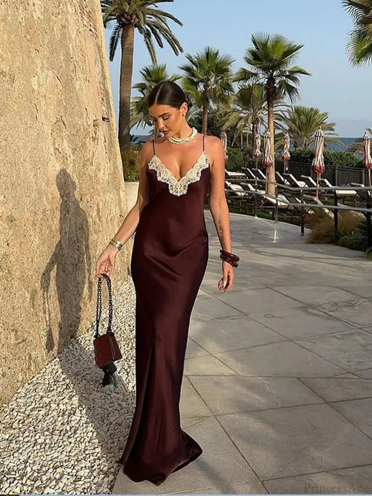 Women Chic Elegant Solid Spliced Lace Midi Sling Backless Christmas Party Dress Coffee / S Dresses-L