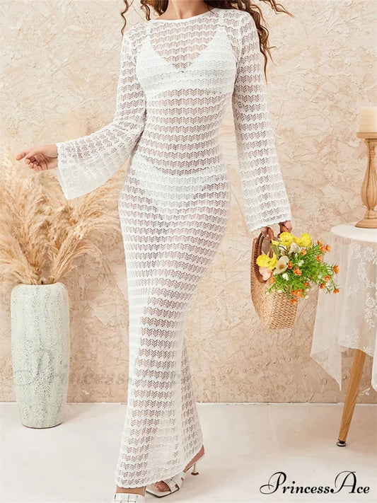 Women Crochet Knitted Casual Sleeve Round Neck Backless Tie-Up Solid Hollow Out Beach Vestidos