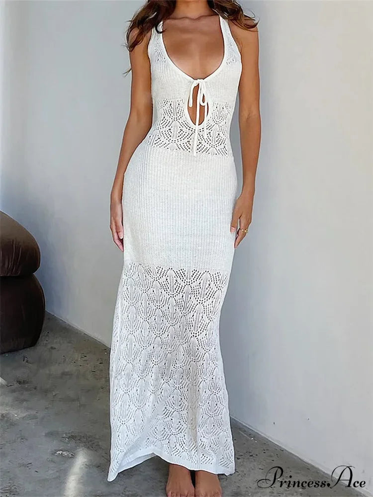 Women Crochet Knitted Hollow Out Backless Spaghetti Strap Halter Lace-Up Beachwear Female Vestidos