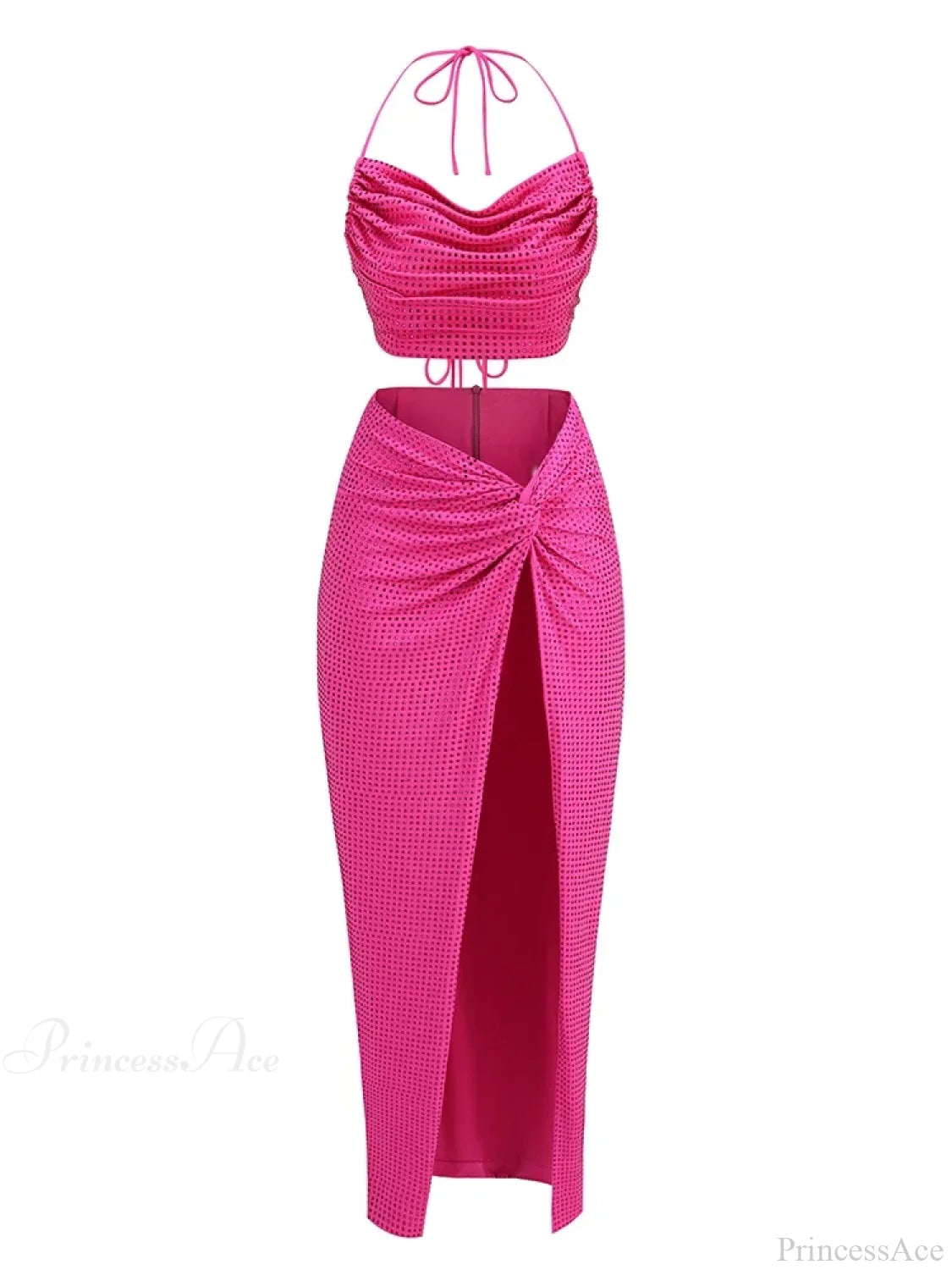Women Diamonds 2 Piece Set Swinging Collar Crop Tops Long Skirts Christmas Party Dress Rose Red / S
