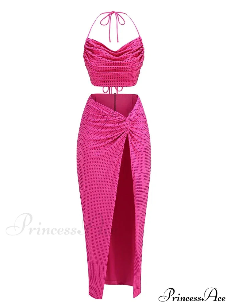 Women Diamonds 2 Piece Set Swinging Collar Crop Tops Long Skirts Christmas Party Dress Rose Red / S