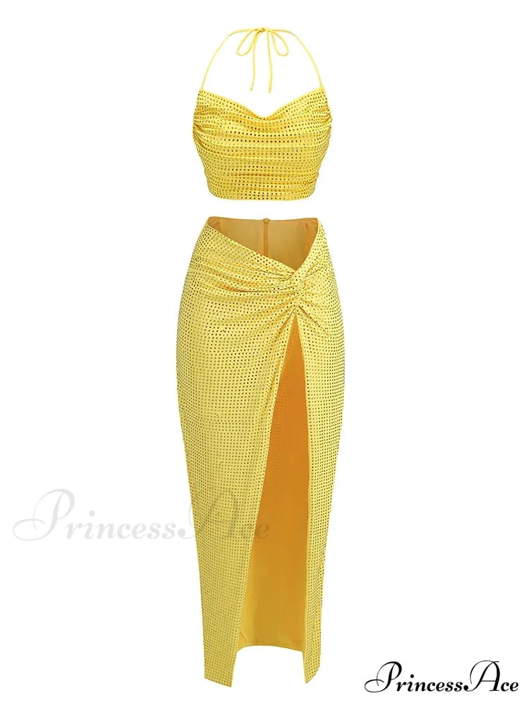 Women Diamonds 2 Piece Set Swinging Collar Crop Tops Long Skirts Christmas Party Dress Yellow / S