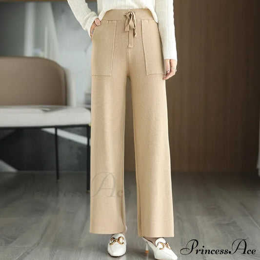 Women Drawstring Straight Leg Vintage Low Rise Striped Knitted Lounge Pants Beige / M