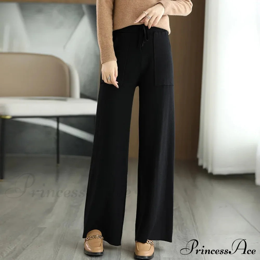 Women Drawstring Straight Leg Vintage Low Rise Striped Knitted Lounge Pants Black / M