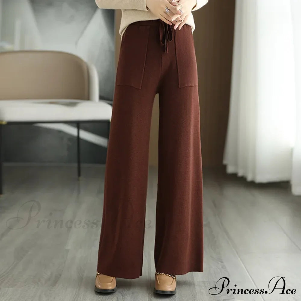 Women Drawstring Straight Leg Vintage Low Rise Striped Knitted Lounge Pants Caramel / M