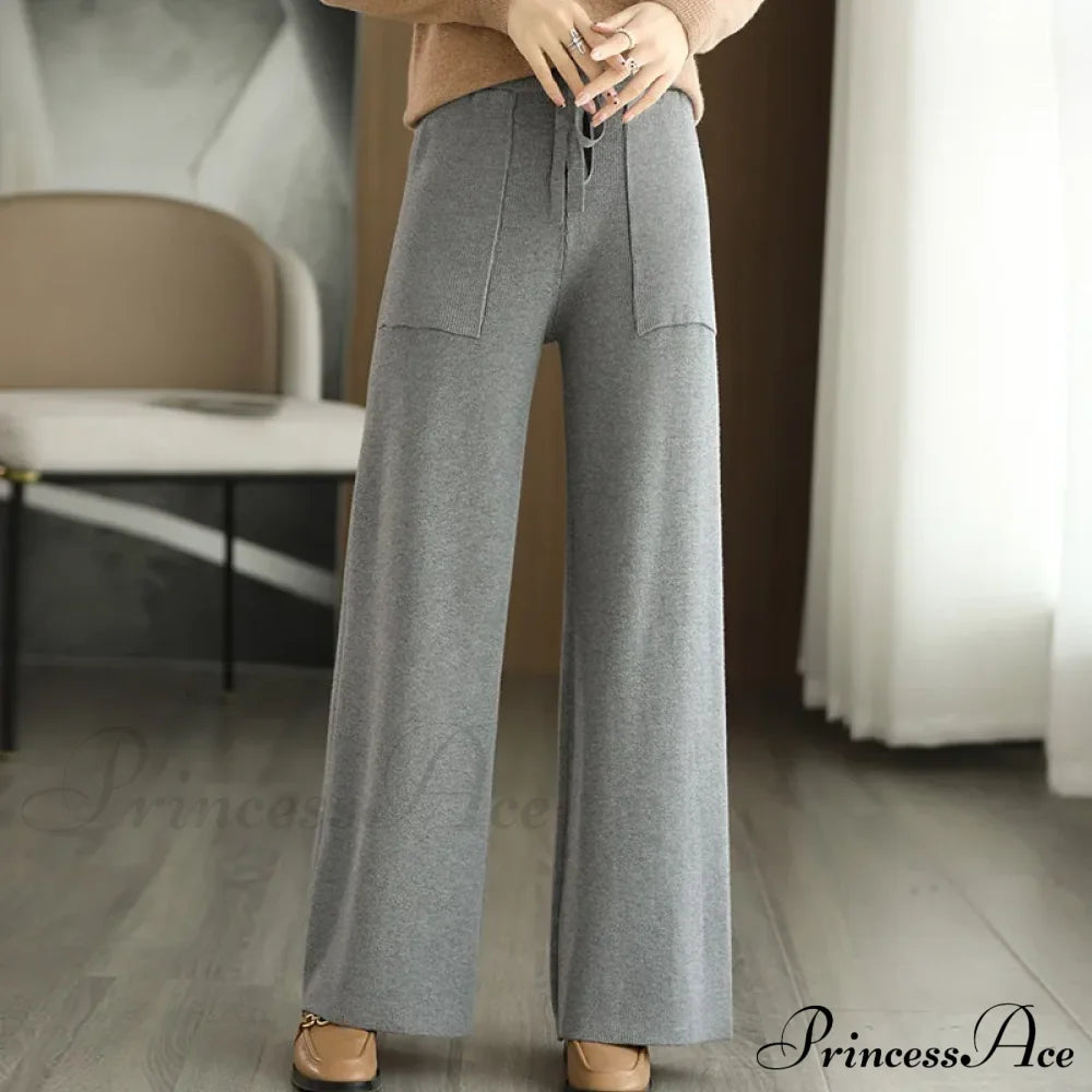 Women Drawstring Straight Leg Vintage Low Rise Striped Knitted Lounge Pants Dark Grey / M