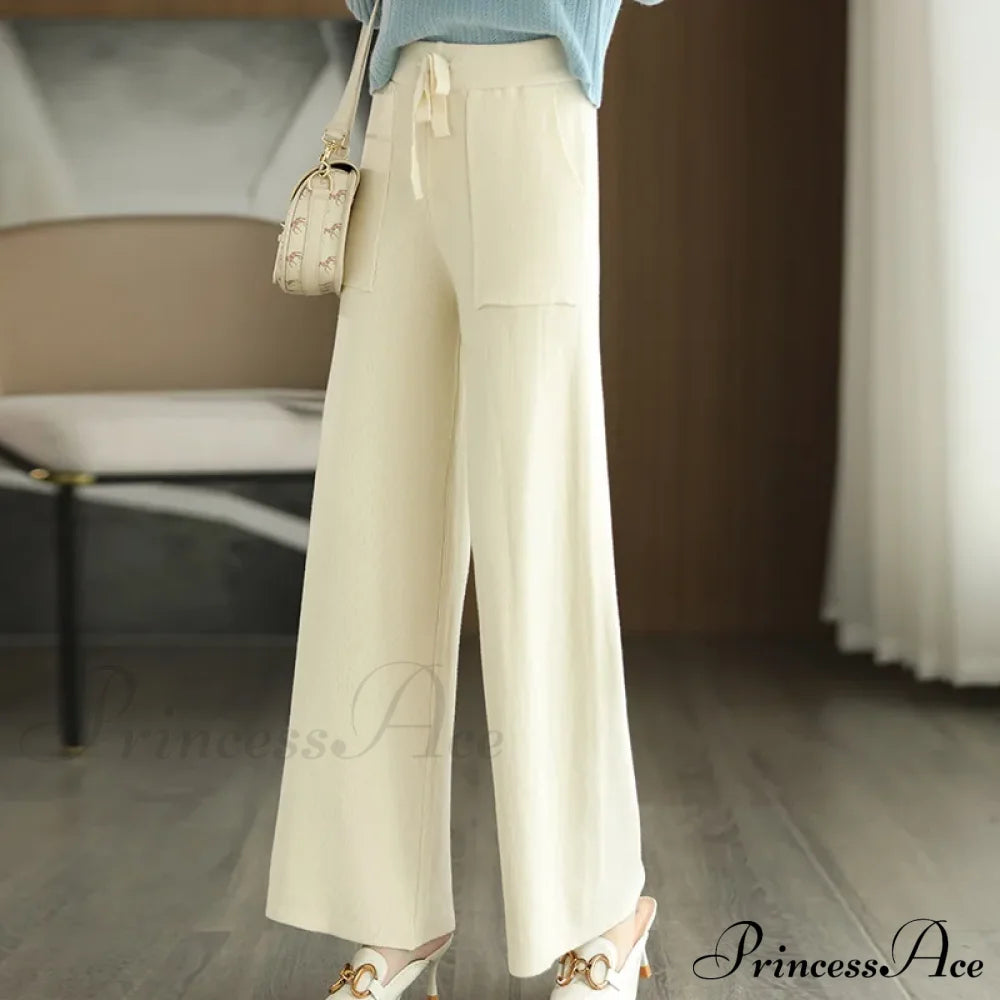 Women Drawstring Straight Leg Vintage Low Rise Striped Knitted Lounge Pants White / M