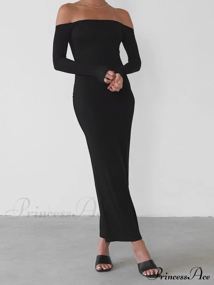 Women Elegant Slash Neck Off-Shoulder Solid Color Slim Fit Fall Cocktail Party Female Vestidos