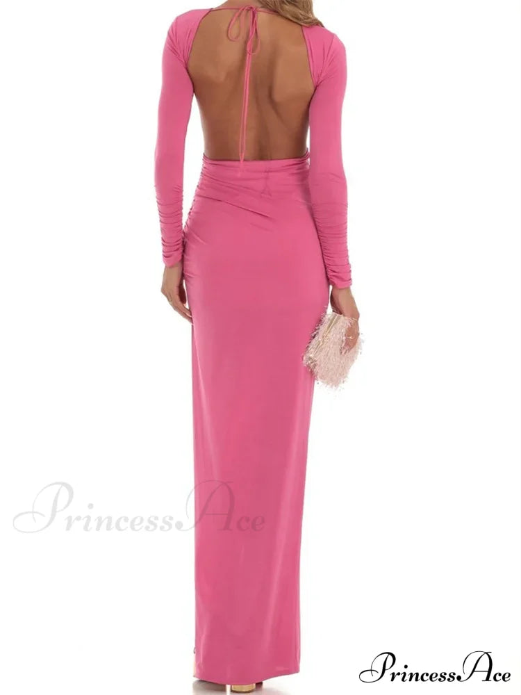 Women Evening Party Solid Sleeve Cutout Backless Tie-Up High Split Slim Formal Female Vestidos