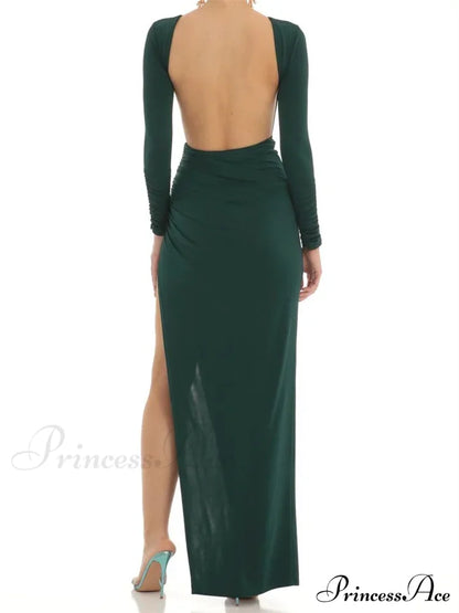 Women Evening Party Solid Sleeve Cutout Backless Tie-Up High Split Slim Formal Female Vestidos