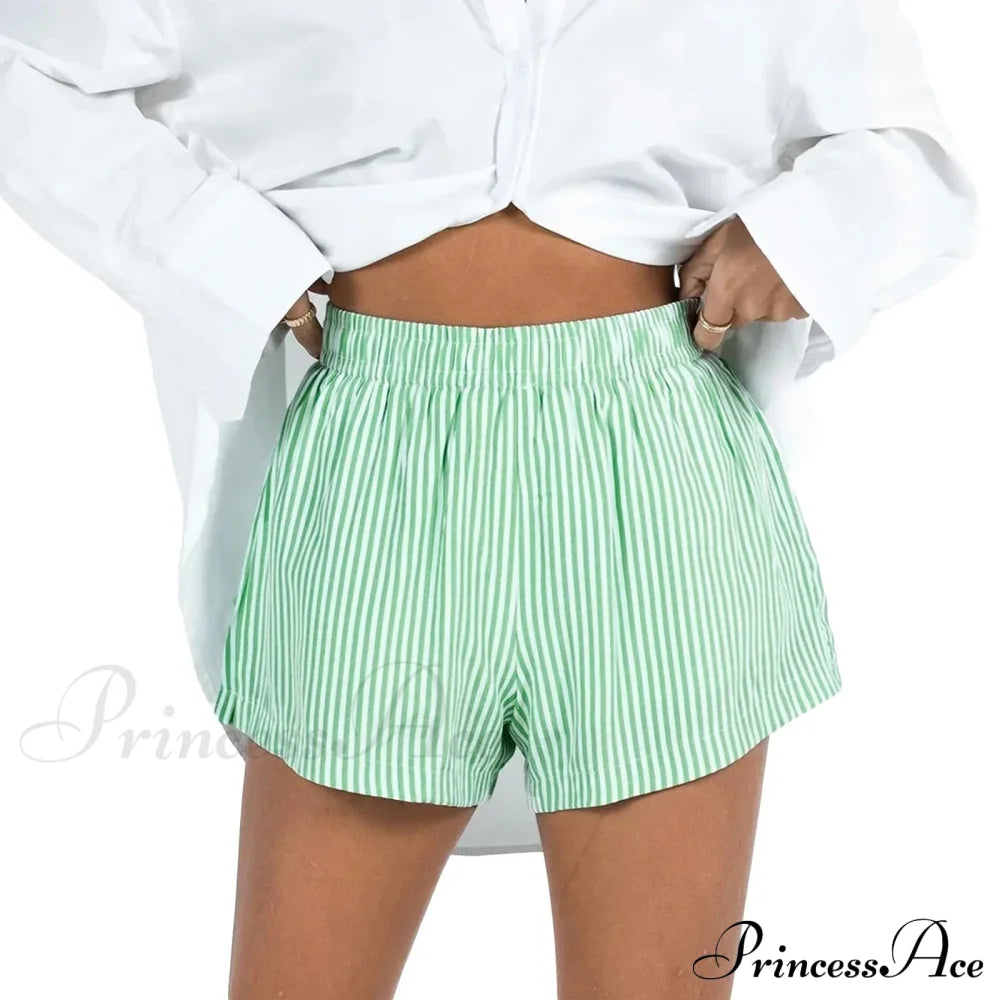 Women Gingham Boxer Striped Elastic High Waist Pajama Plaid Printed Button Lounge Short Green / S