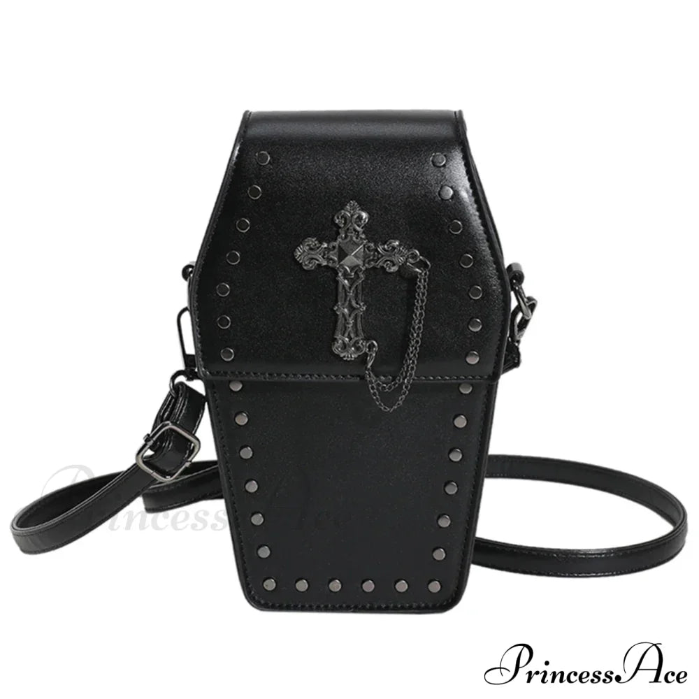 Women Gothic Coffin Zipper Strap Adjustable Pu Leather Halloween Bag Black