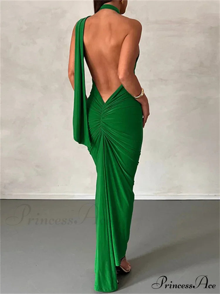 Women Halter Lace-Up Sleeveless Off Shoulder Backless Ruched Party Club Solid Color Female Vestidos