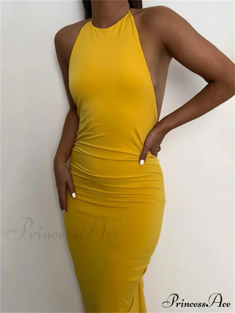 Women Halter Tie-Up Backless Slim Fit Solid Ruched Summer Party Sleeveless Off Shoulder Vestido