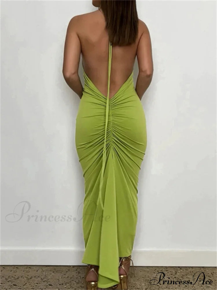 Women Halter Tie-Up Backless Slim Fit Solid Ruched Summer Party Sleeveless Off Shoulder Vestido