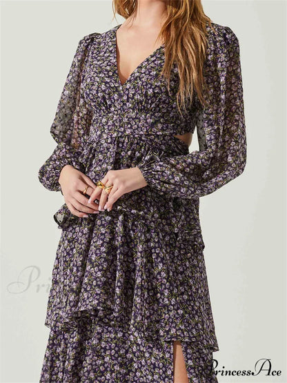 Women High Split Floral Print Puff Sleeve V Neck Layered Ruffles Hem Spring Fall Vestidos