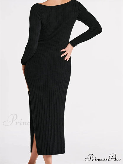 Women Knitted Bodycon Solid Color Ribbed Round Neck Sleeve Side Split Spring Fall Vestidos