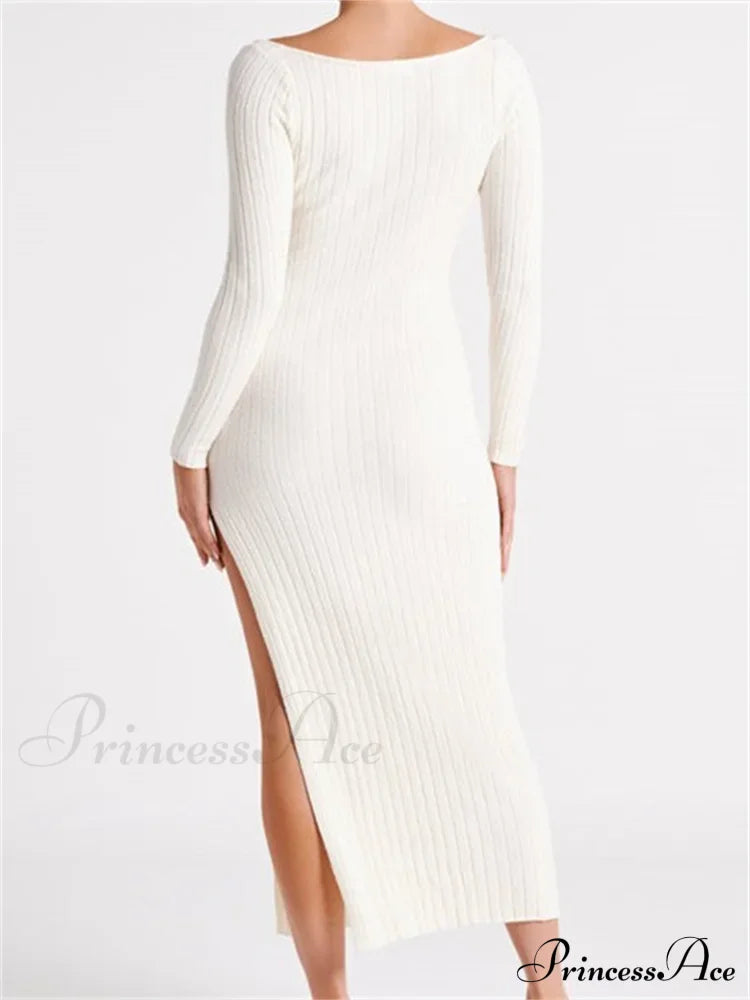 Women Knitted Bodycon Solid Color Ribbed Round Neck Sleeve Side Split Spring Fall Vestidos