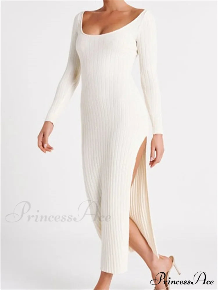 Women Knitted Bodycon Solid Color Ribbed Round Neck Sleeve Side Split Spring Fall Vestidos