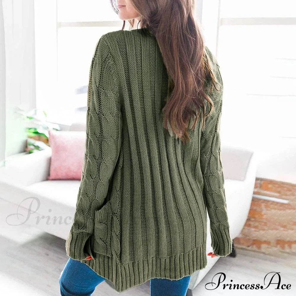 Women Knitted Cardigan Pockets Button Sweater Coat